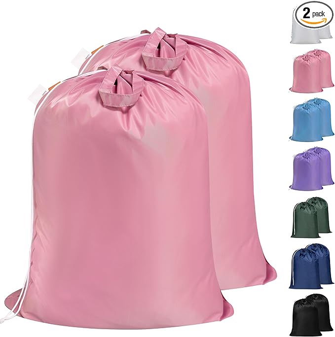 Polecasa Heavy Duty Large Laundry Bag with 130gsm Tear Resistant Fabric and Handles, Easy to Carry Durable Dirty Clothes Drawstring Bag, Perfect for College Dorm, Travel, 2 Pack 28”x36”, Pink