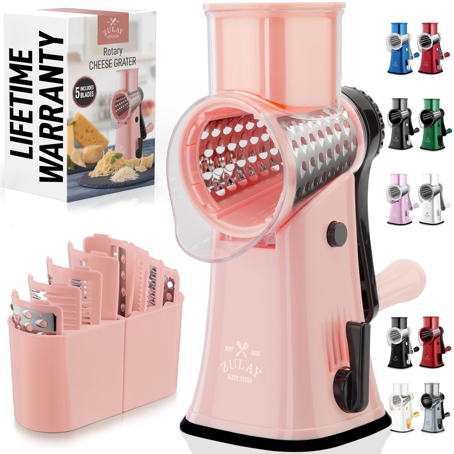 Zulay Kitchen Rotary Cheese Grater 5 Blade Cheese Shredder - Manual Hand Crank Cheese Grater With Reinforced Suction & 5 Interchangeable Drums - Easy to Use, Vegetable Chopper Round Mandoline Slicer
