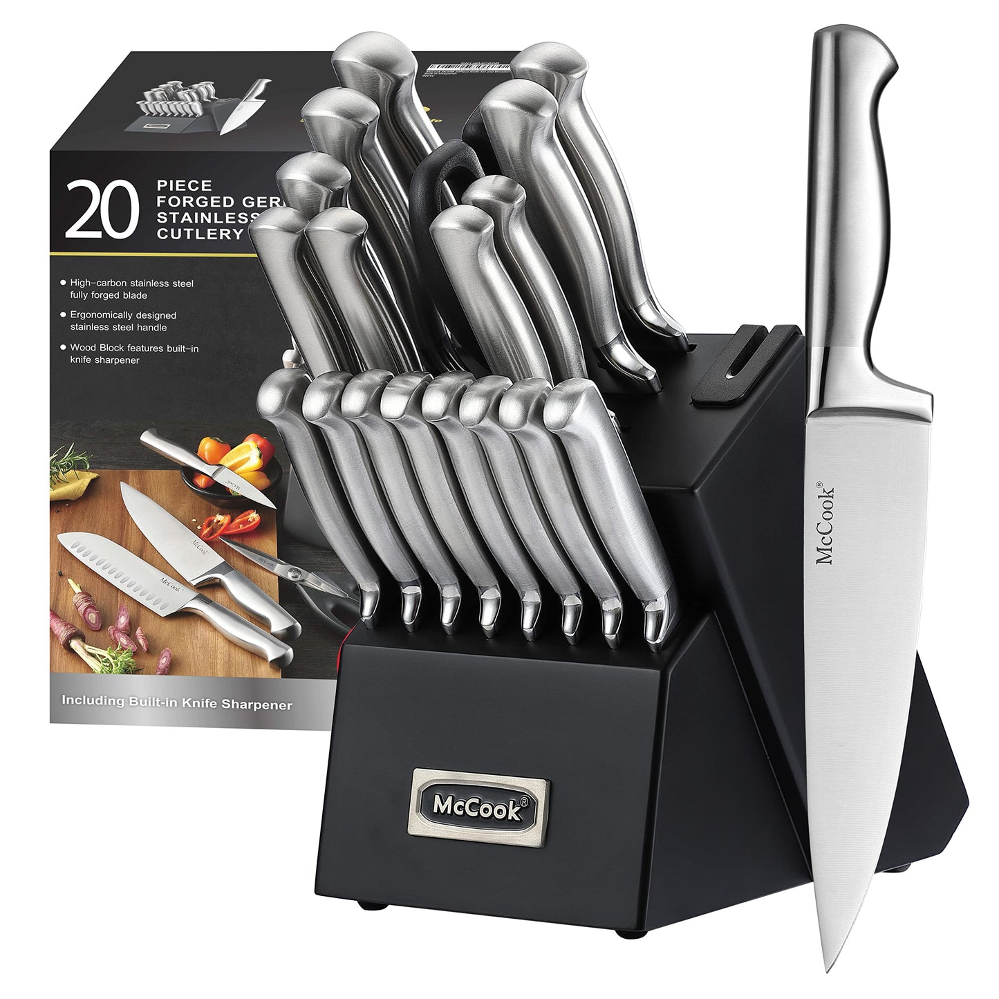 McCook® Kitchen Knife Sets, Golden Titanium Stainless Steel Knives Block Set with Built-in Sharpener, 20 Piece Knives, Restaurant Grade Sharp, Elegant Gold & Stylish Wooden Block for Modern Culinary