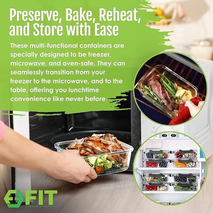 FIT Strong & Healthy Glass Meal Prep Containers, 2 & 3 Compartments – 32 oz Glass Containers with Lids, Food Storage with Black Lids, Oven & Freezer Safe, Leak-Proof Bento Box Adult, 4 Pack