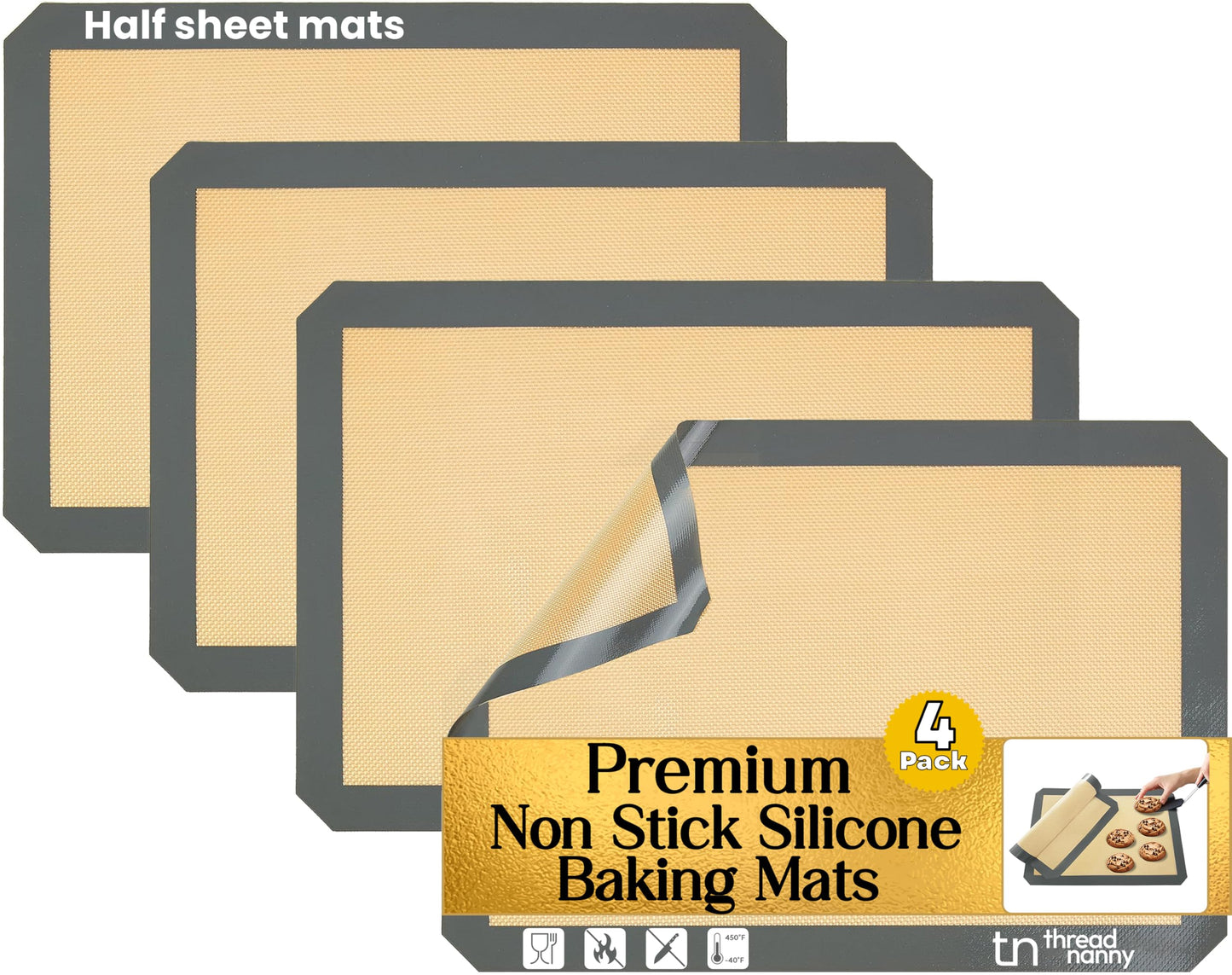 4 Pack Silicone Baking Mat Nonstick 2 Half and 2 Quarter Size - 1/4 Silicone Cookie Sheets for Baking Macaron Cookie Set of 2-2 Pack Thick Heavy Duty Reusable Mats Half Sheet for Kitchen Counter