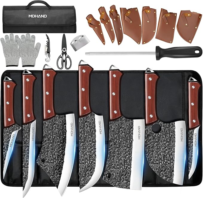 MDHAND Butcher Knife Set, Hand Forged Kitchen Chef Knife Set with Roll Bag