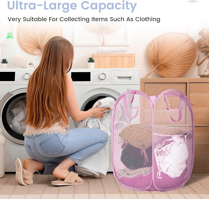 Strong Mesh Pop-up Laundry Hamper, Quality Pop Up Hampers for Laundry with Durable Handles Solid Bottom High Carbon Steel Frame, Easy to Open and Fold Flat for Storage(Light Pink)