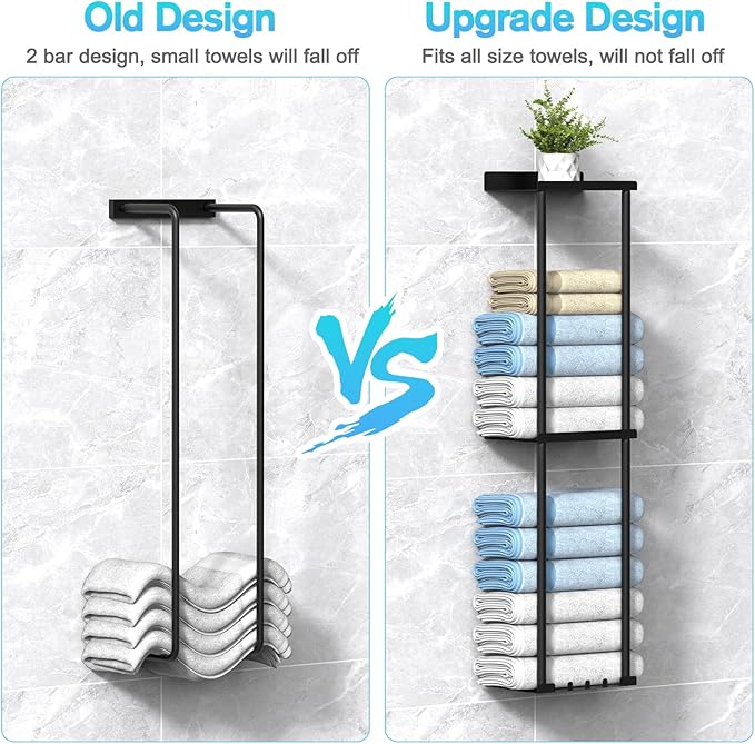 Towel Rack for Bathroom, Wall Mounted Vertical Rolled Towel Storage Organizer Holder with Shelf, Holds Up 6 Large Bath Sheets, Black