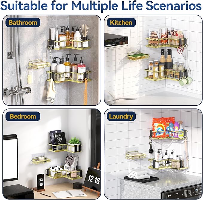 YASONIC Shower Caddy Corner, 3-Pack Adhesive Rustproof Stainless Steel Shower Shelves with Soap Holder, No Drilling Shower Organizer Corner for Dorm, Renters Bathroom, Gold