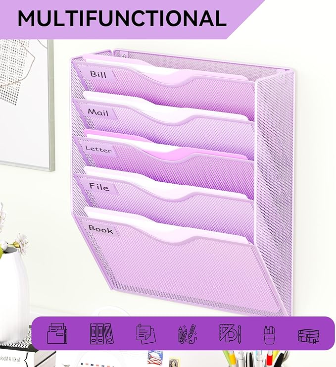 5 Pockets Hanging Wall File Organizer Mail Holder, Wall Mounted Paper Document Folder Holder, Clipboard Storage Organization Magazine Rack, Light Purple
