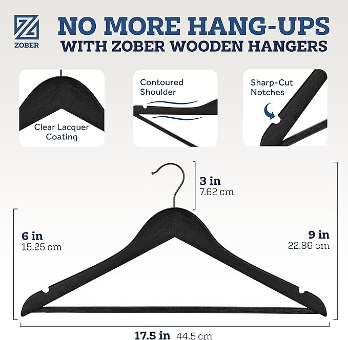 ZOBER Black Wooden Hangers - Heavy Duty, Non Slip Wood Hangers for Coats, Jackets, Suits, & Pants - Coat Hangers for Closet W/Bar and Notches 20 Pack