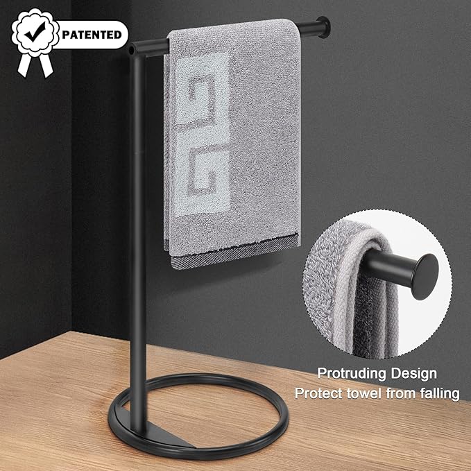NearMoon Hand Towel Holder Stand, Thicken Metal L Shape Hand Towel Rack, Small Towel Ring, Stable Standing Towel Bar for Bathroom Kitchen Vanity Countertop, 8” L 14” H (Matte Black, 2 Pack)
