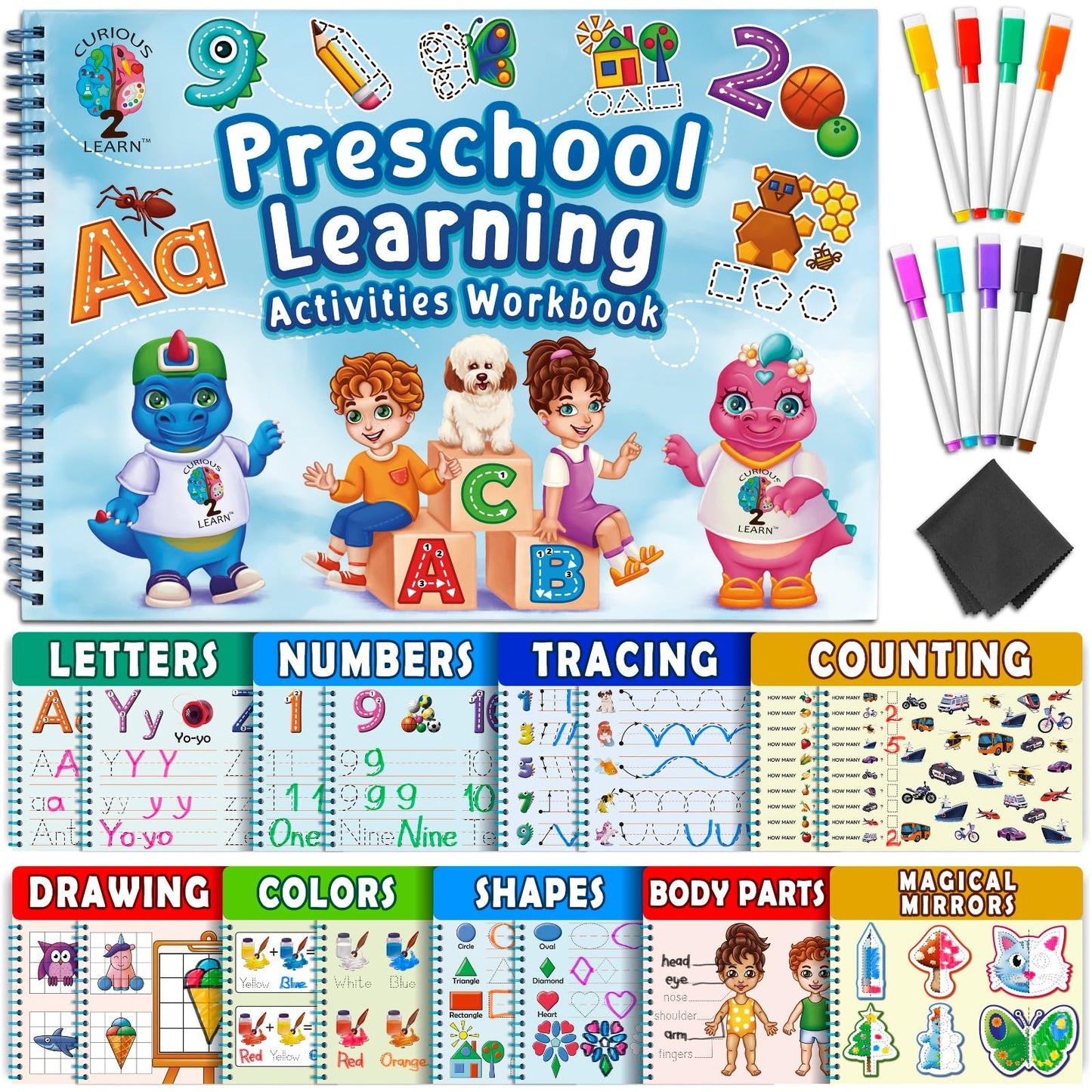 Curious 2 Learn Toddler Preschool Learning Activities | Handwriting Practice for Kids | Workbook Learning Resources| Tracing Kindergarten Workbooks | Busy Book | 4 Year Old Boy Birthday Gift | Blue