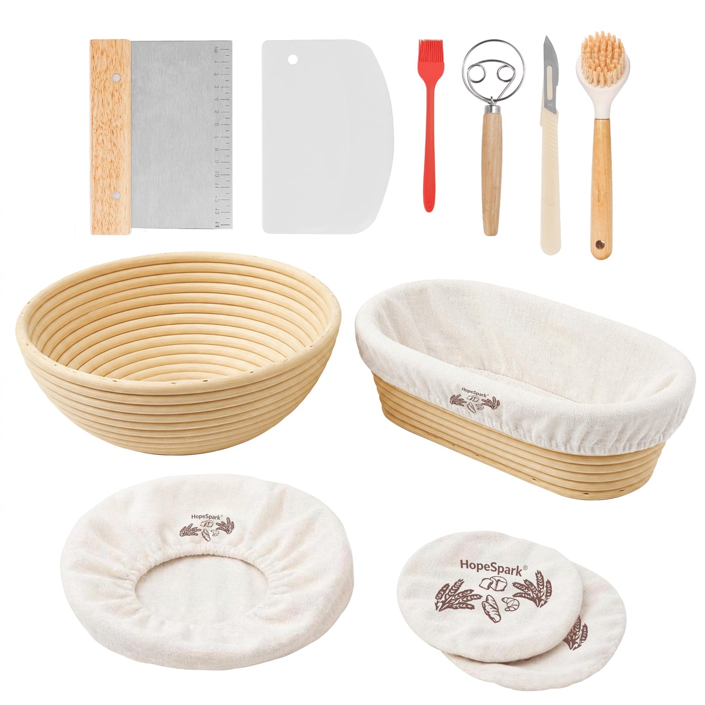 HopeSpark Banneton Sourdough Proofing Basket Kit, 9" Round and 10" Oval Proofing Basket with Liners & Covers, Bread Baking Supplies for Home or Professional Bakers Baking
