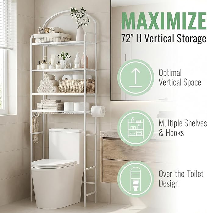 4-Tier Over The Toilet Storage, Bathroom Organizer, Space-Saving, Above Toilet Storage Rack with 4 Hooks and Paper Holder, Metal Shelf, White