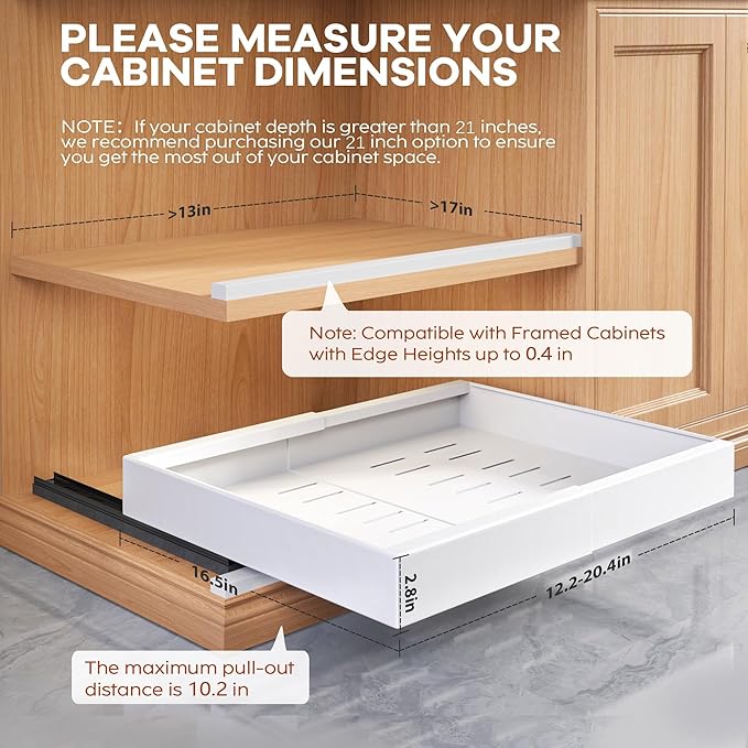 2 Pack Expandable Pull Out Cabinet Organizer 16.5"Deep with Raising Pad for Framed Cabinets,Upgrade 3 Slide Rails Slide Out Drawers,Roll Out Shelves Adhesive,Adjustable Width 12.2"-20.4"White