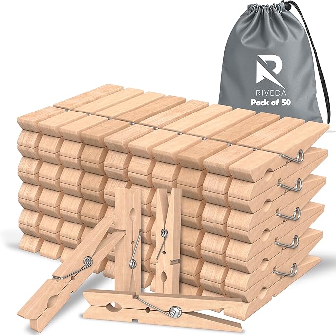 RIVEDA 50pcs Wooden Clothes Pins with Storage Bag, 2.9 Inch Natural Wood Clothespins, Strong Grip Laundry Clips for Clothesline, Hanging Clothes, Crafts & Home Use