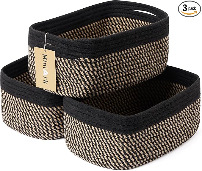 Small Storage Baskets for Organizing | Closet Organizer Bins | Shelf Toy Basket | Woven Rope Baskets | Cube Decorative Box | Shallow Basket | 13x8.5x5.1” | 3 Packs Black Brown