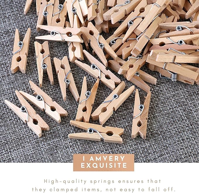 Mini Clothespins, Mini Clothes Pins for Photo Natural Wooden Small Picture Clips for Crafts 1 Inch 100 PCS Tiny Pegs Decorative Wood Clips for Wall Hanging Pictures