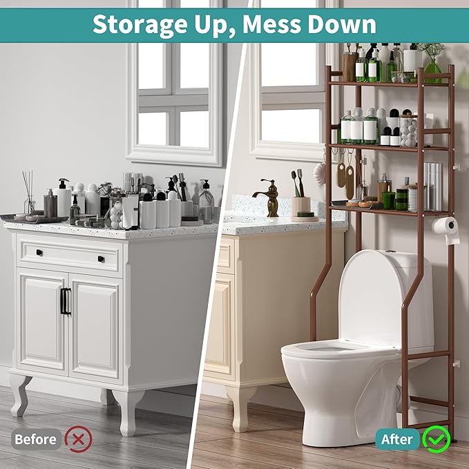 3-Tier Over The Toilet Storage with Paper Holder, Metal Bathroom Organizers and Storage for Small Space, Freestanding Bathroom Shelves with 4 Hooks, Above The Toilet Storage Shelf (Bronze)