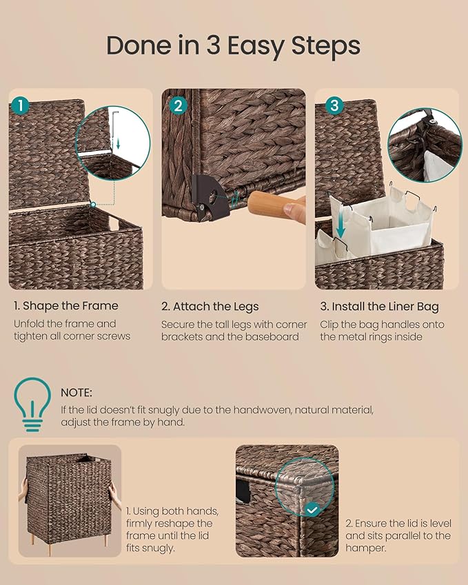 SONGMICS Laundry Hamper 2 Sections, 34.3 Gal. (130 L) Handwoven Water Hyacinth Wicker Laundry Basket with Lid, Natural Material, Removable Machine Washable Liners, Handles, Espresso ULCB202K01
