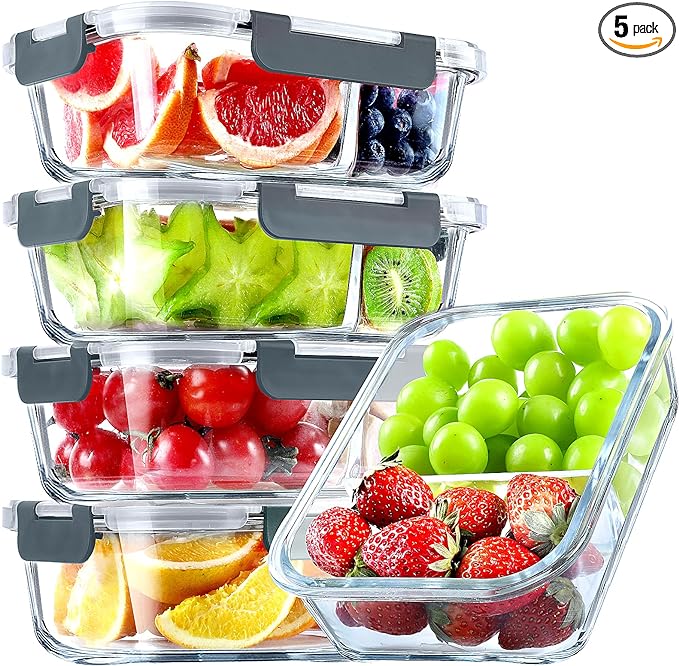 VERONES 5 PACK 36 OZ Glass Food Storage Containers 2 Compartment Set, Grey