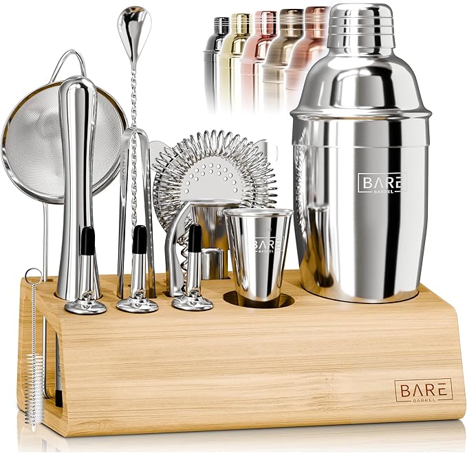 BARE BARREL® Mixology Bartender Kit Bar Set | 14-Piece Cocktail Shaker Set | Martini Barware Mixing Tools for Home Bartending | Incl. 35 Recipe Cards | Gift Set (24oz Cobbler Shaker, Jet Black/Black)