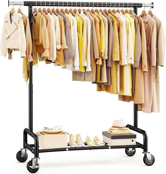 Raybee 75" W Heavy Duty Clothes Rack Load 450 LBS, Metal Garment Storage with Shelf, Lockable Wheels & Anti-Slip Stoppers, Rolling Clothing Rack for Bedroom Laundry Room, Black