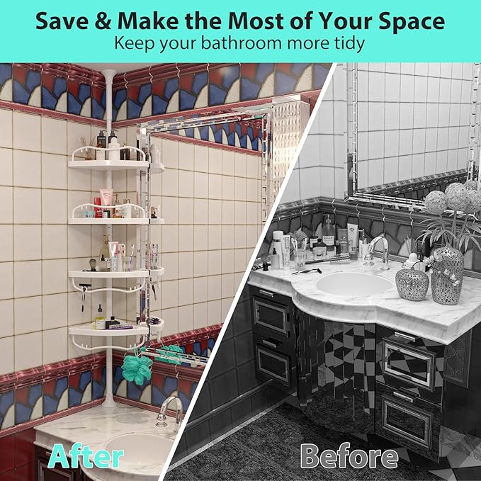 Shower Caddy Tension Pole with 4 ABS Baskets,Shower Storage Shelf with 56 to 125 Inch Adjustable Stainless Pole for Bathroom White
