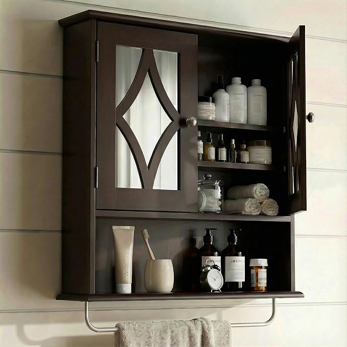 RoyalCraft Bathroom Medicine Cabinet Wall Mounted, Over The Toilet Storage Cabinet with Towel Rack and Adjustable Shelf, Large Bathroom Towel Cabinet Wall Mount 22x25 inch (Brown)
