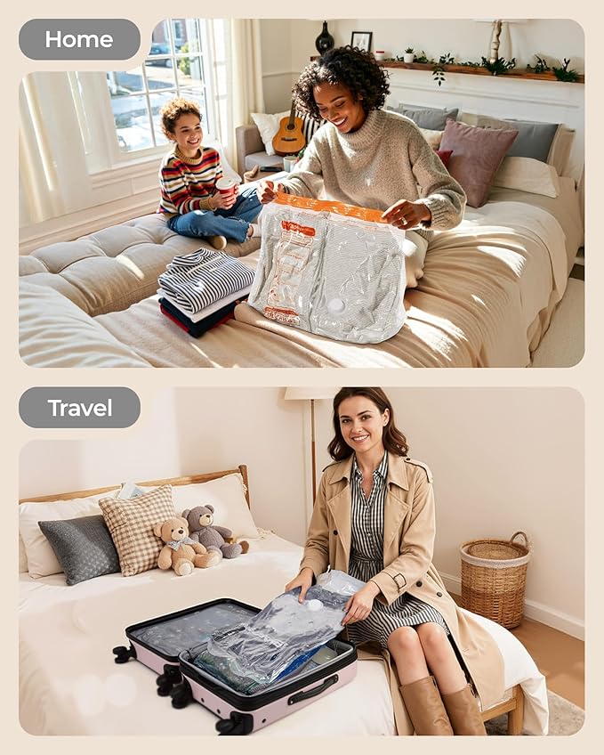 BAGSMART Vacuum Storage Bags for Travel with Rechargeable Air Pump, 12 Pack Portable Space Saver Bags for Travel & Home, Vacuum Compression Seal Bag for Clothing, Blanket, Duvets