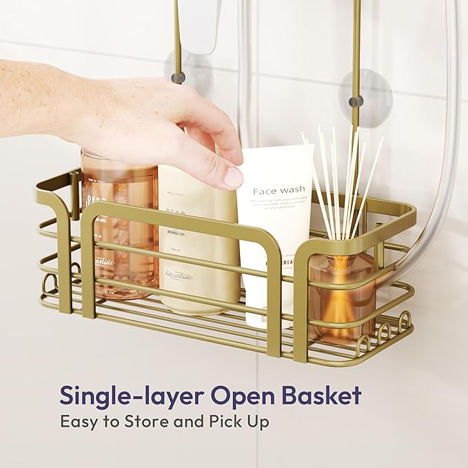 SWTYMIKI Shower Caddy Hanging Organizer - Over the Door Shower Caddy with 6 Hooks, 2 Installation Ways, Stainless Steel Rustproof Bathroom Organizer, Gold Small