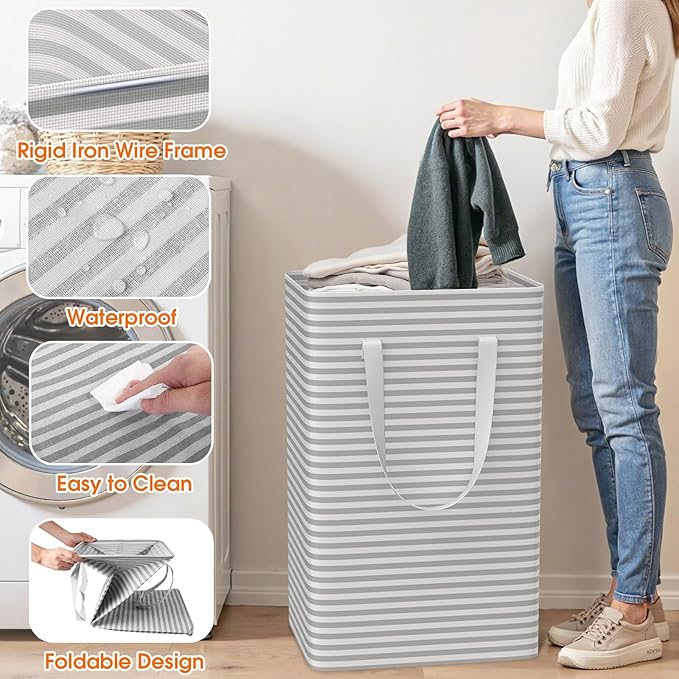 3 Pack Laundry Hamper, Waterproof & Freestanding Large Laundry Basket, Collapsible Clothes Hampers with Easy Carry Long & Reinforced Handles in Bedroom Bathroom, College Dorm(75Lx3, Gray)