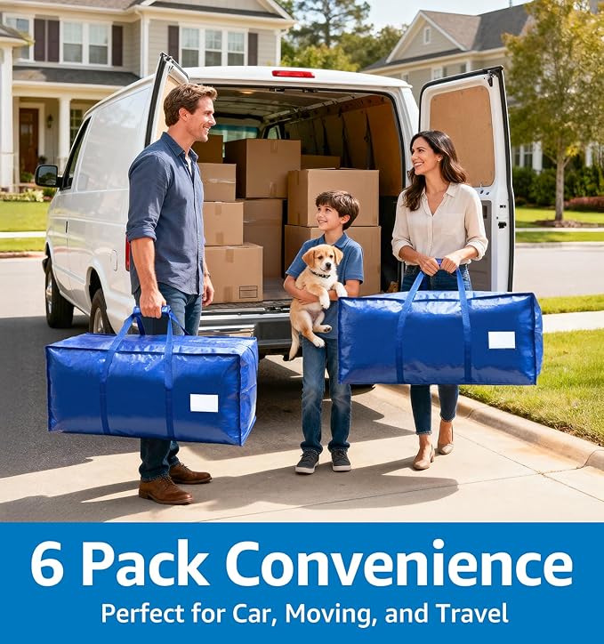 6 Pack Large Moving Bags Heavy Duty – Reusable Storage Bags with Zippers & Handles | Extra-Large Packing Bags for Moving Boxes, Clothes, Bedding, Holiday Décor & Home Storage