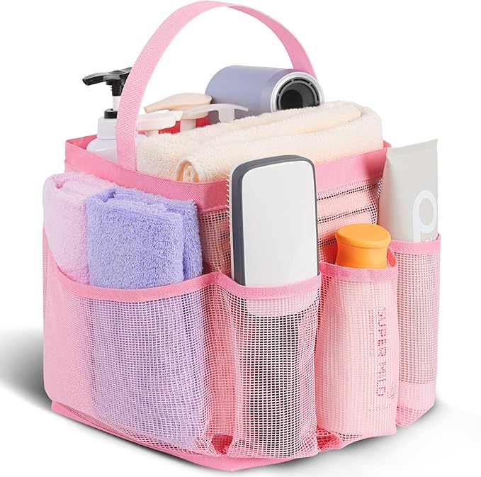 EUDELE Mesh Shower Caddy Portable for College Dorm Room Essentials,Portable Shower Caddy Dorm with 8-Pocket Large Capacity, Shower Bag for Beach, Swimming, Gym-Pink