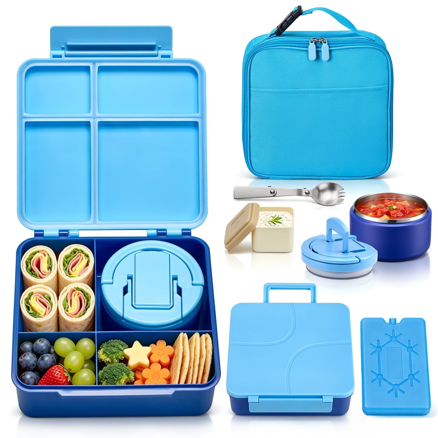 Bento Lunch Box with 8oz Soup Thermo,Kids Leakproof 4 Compartment Lunch Food Containers with Sauce Cup and Ice Pack,Kids Thermo Insulated Hot Food Jar and Lunch Bag for School,Trvael-Green