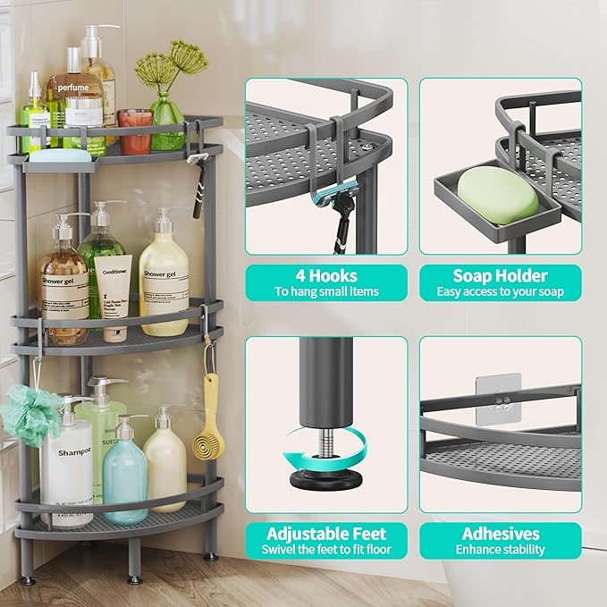 HapiRm apiRm Standing Corner Shower Caddy - 3 Tier Shower Organizer Corner with Soap Holder and 4 Hooks, Rustproof Bathroom Storage Shelves with Adhesives, Grey