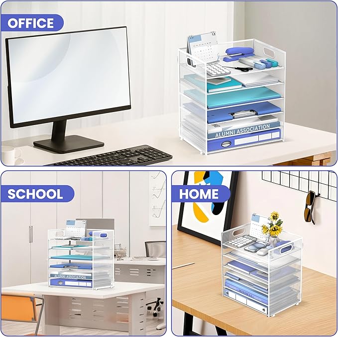 Daltack 6 Tier Paper Organizer for Desk, Paper Letter Tray Organizer for Desks, Mesh Desk File Organizers with Handle for Office, Home, School, White, 2 Pack