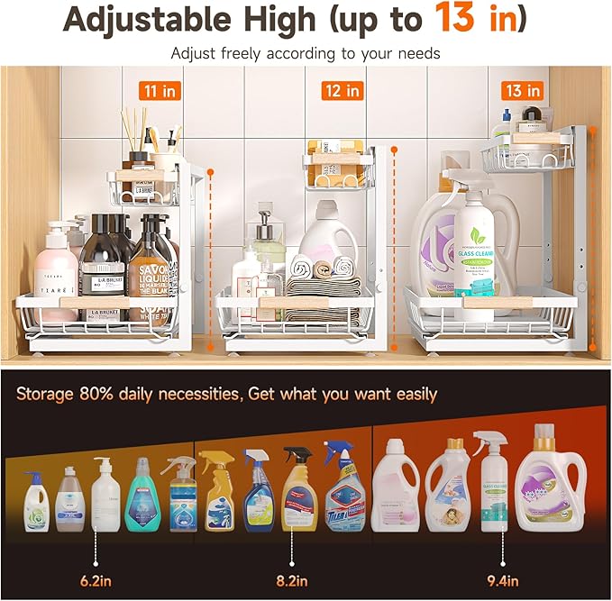 2 Packs Under Sink Organizer, Height Adjustable 2 Tier Under Kitchen sink organizer, Multi-Purpose Storage Shelf for Kitchen Bathroom Cabinet (White, Large)