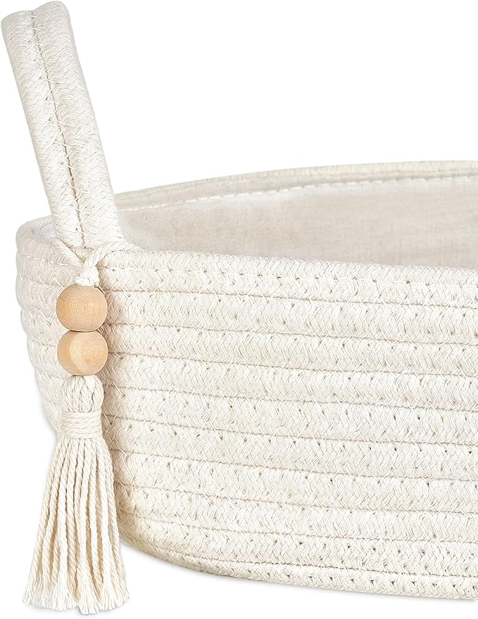 Mkono Small Storage Basket for Toilet Tank Top Boho Bathroom Decor Woven Rope Toilet Paper Tray Organizer for Shelf Bedroom Living Room, White, 1 Pack, 13" L x 6" W