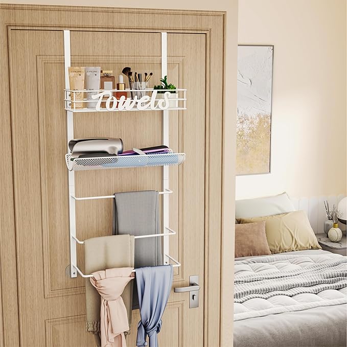 SWTYMIKI Over The Door Towel Racks for Bathroom - 5-Tier Wall Mounted Bathroom Towel Storage Organizer Holder with Metal Shelf, White