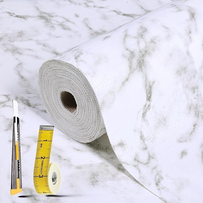 Drawer and Shelf Liner for Kitchen Cabinet: 17 in X 20 Ft Non Slip Waterproof Shelf Paper Non Adhesive Refrigerator Liners White Marble Easy Liners for Bathroom Cupboard with Knife Tape Measure