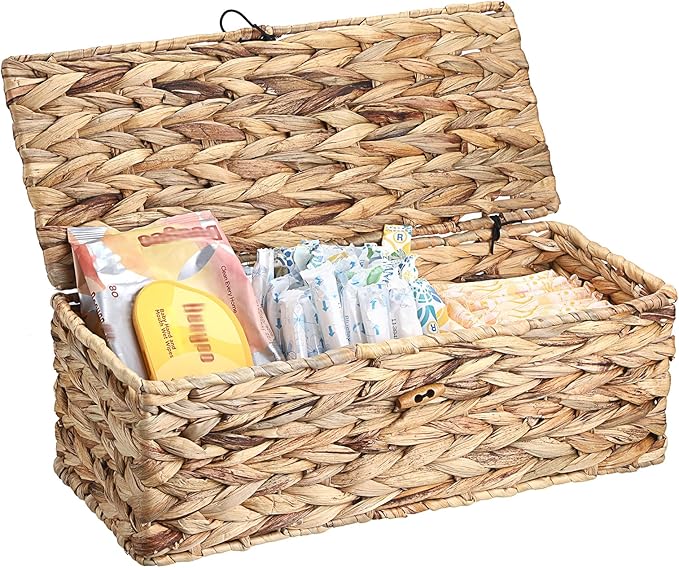 Sumnacon Wicker Storage Basket with Lid Rectangle Wicker Basket with Lid for Toiletries Tampon Storage,Toilet Tank Topper Basket Water Hyacinth Storage Baskets for Shelf Bathroom Toilet Table