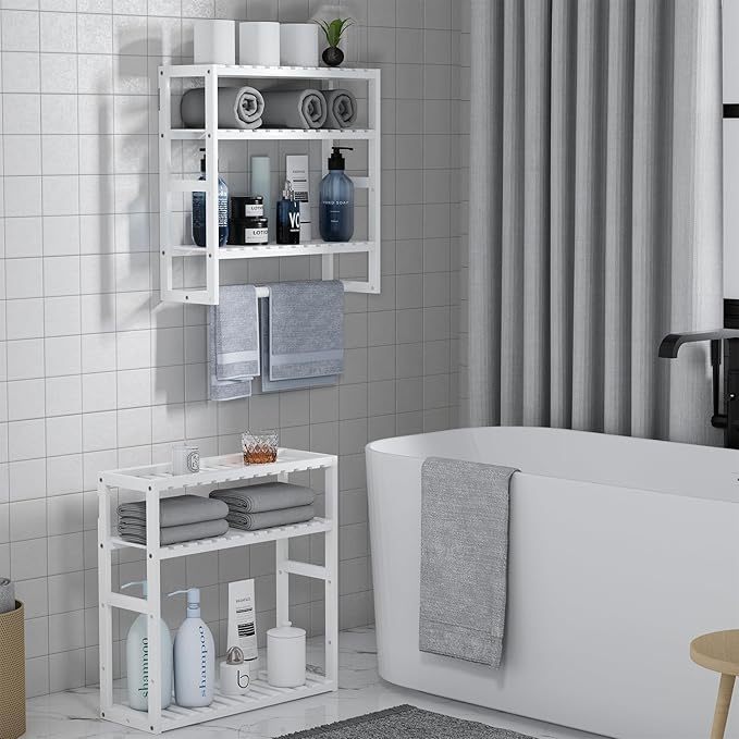 Towel Rack Bathroom Storage Shelves Over The Toilet with Towel Bar 100% Bamboo Adjustable Height Floating Shelf Wall Shower Shelf for Small Space Bathroom Kitchen Multi Usage (White-2Pack)