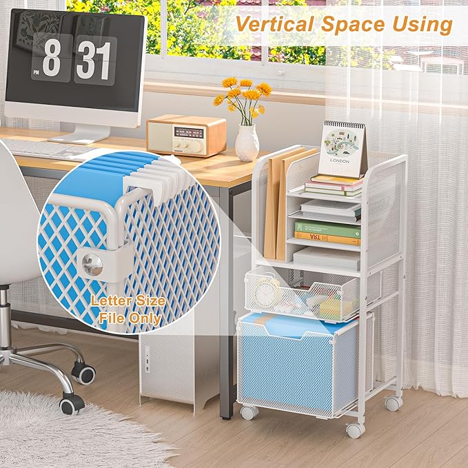 Rolling File Cart with 2 Drawers, White File Cabinet Organizer for Hanging File Folders, Letter-Size File Storage with Wheels, Multi-Layer Mobile Filing Cabinet for Office and Home, White