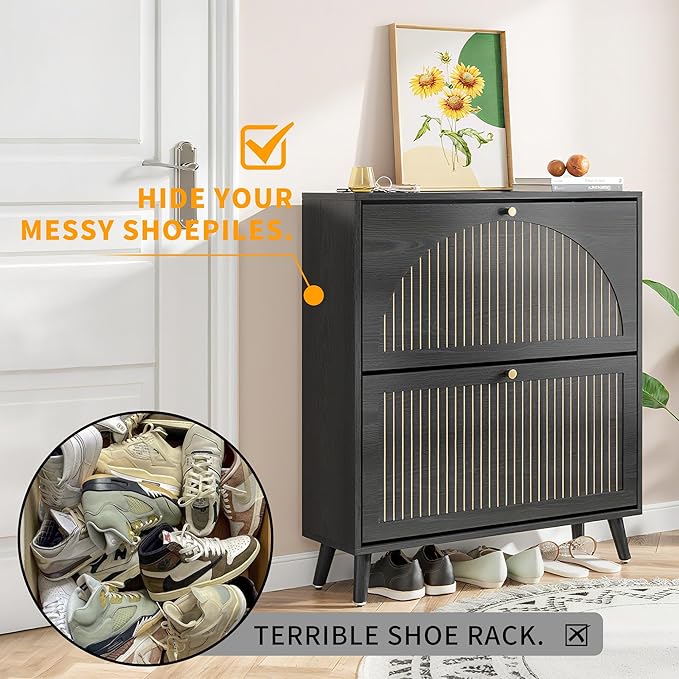 Shoe Storage Cabinet for Entryway with 2 Flip Drawers, Narrow Wood Shoe Cabinet with Fluted Panel, Freestanding Hidden Shoe Organizer for Foyer, Hallway (Black - with Shelf)