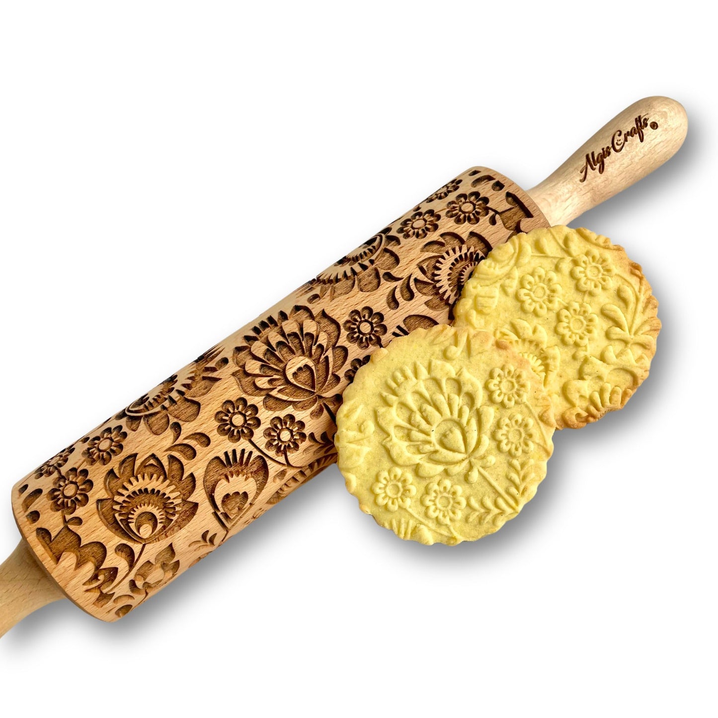 Rolling pin FLOWERS. Wooden embossing rolling pin with Oriental flowers. Embossed cookies. Pottery. Birthday gift. Gift for mother