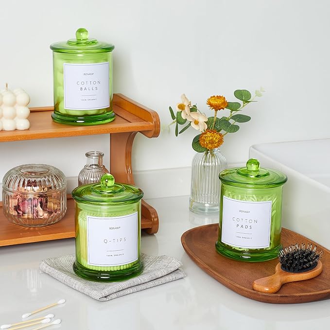 3 Pack Green Qtip Holder Dispenser, 16oz Bathroom Organizer and Storage Canisters, Glass Apothecary Jars with Lid - Home Decor, Room Decor Aesthetic