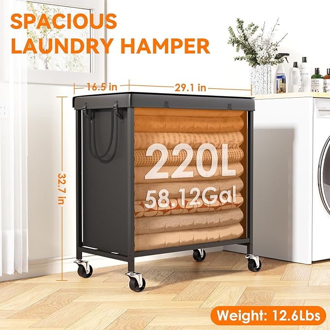 220L Laundry Hamper with Lid, Heavy Duty Laundry Basket with Wheels, Large Capacity Dirty Clothes Hamper with Thick Iron Frame & Removable Bag, Rolling Laundry Hampers for Bathroom Bedroom Aesthetic