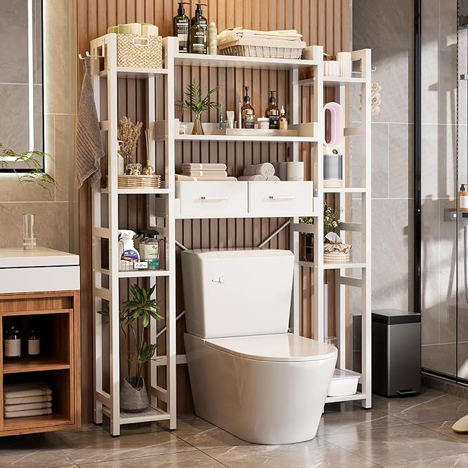 Over The Toilet Storage with 2 Drawers - 11 Tier Bathroom Organizer Freestanding Space Saver Storage Rack with Adjustable Shelf Above Toilet Stand with 4 Hooks for Restroom, Laundry, White