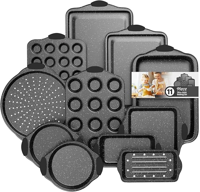 11-Piece Kitchen Nonstick Stackable Bakeware Set, Baking Pans Set, White
