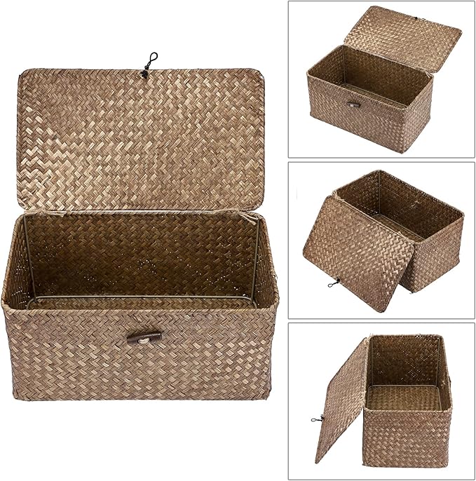 Sumnacon Wicker Basket with Lid Rectangle Woven Baskets for Toiletries Tampon Storage,Wicker Storage Basket with Lid,Decorative Seagrass Storage Baskets for Shelf Bathroom Toilet Table, Coffee