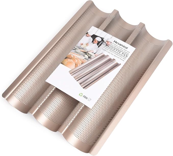 Hesanzol Baguette Pans for Baking 15" x 11", Carbon Steel 3 Loaf Nonstick Baguette Baking Tray for French & Italian Perforated French Bread Pan (2pack - Silver)