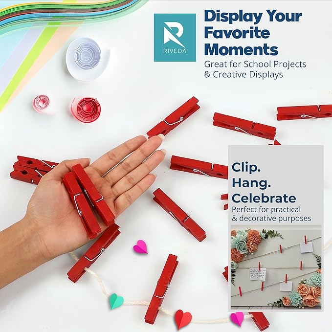 RIVEDA 50pcs Colored Wooden Clothes Pins, 2.9inch, Clothespins for Classroom, Clip Hanging Photos, DIY Clips for Crafts, Decorations (Red)